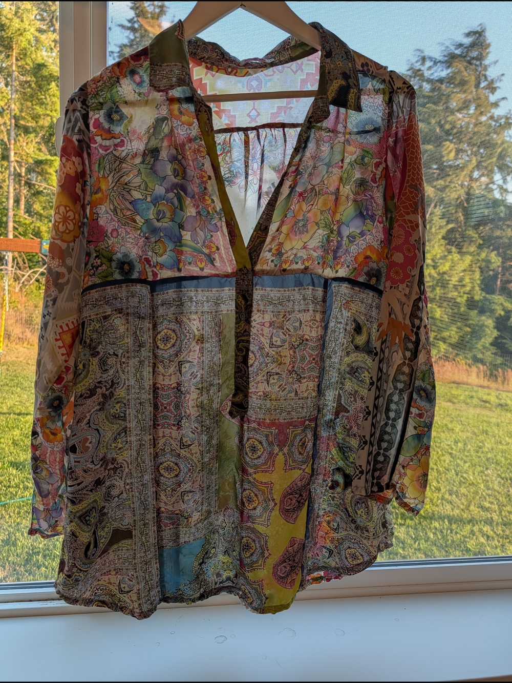 Johnny Was Multicolor Floral & Paisley Sheer Button-Front Blouse